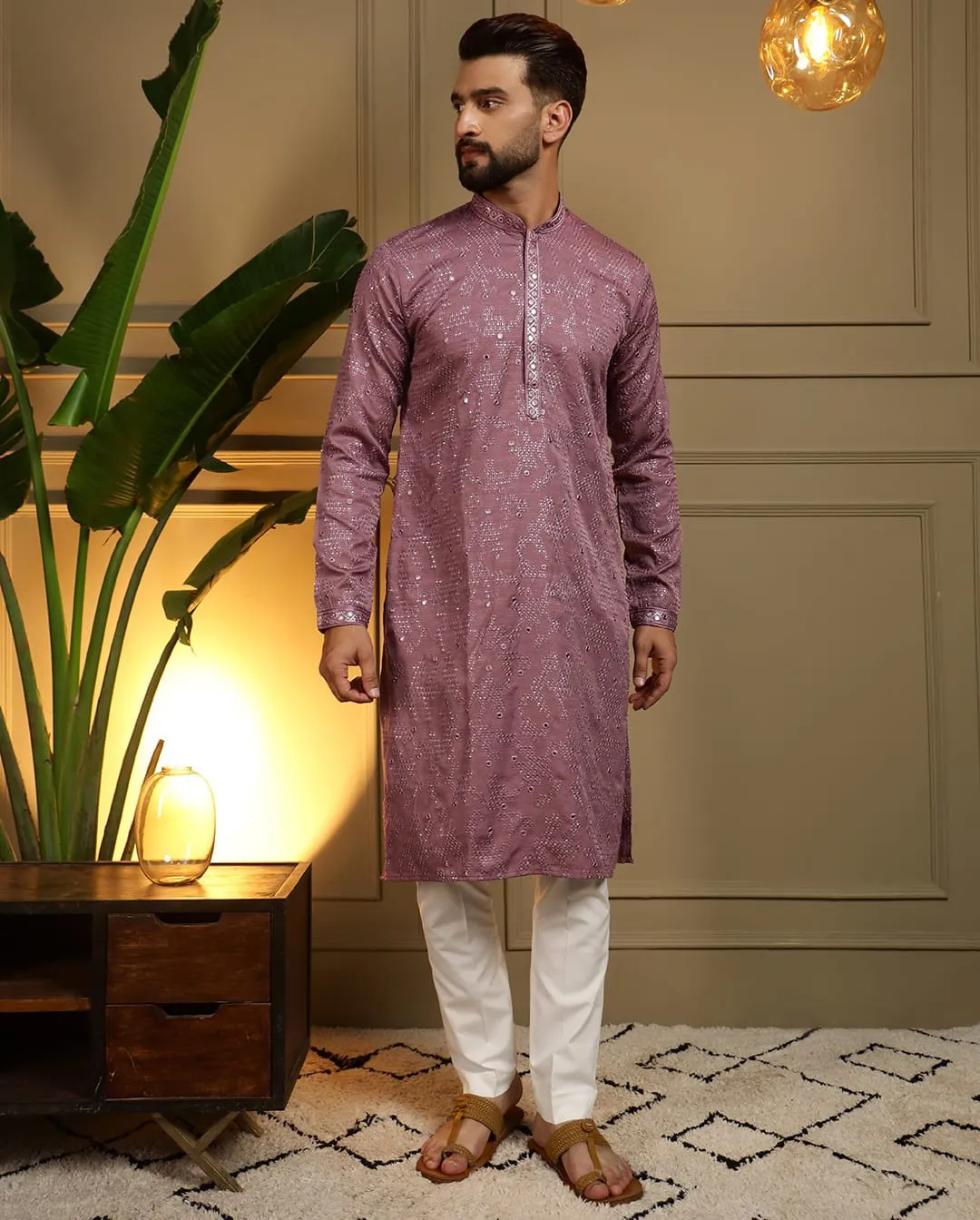 Purple Khadi Cotton Mirror Embroidered Men's Kurta Pyjama