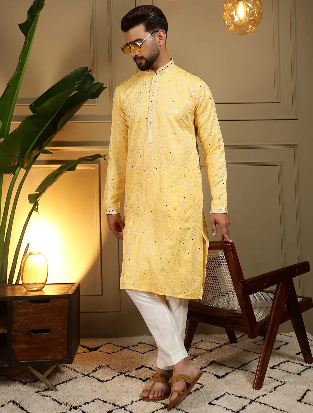 Yellow Khadi Cotton Mirror Embroidered Men's Kurta Pyjama