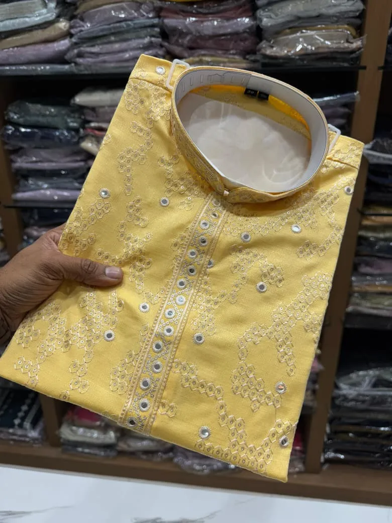 Yellow Khadi Cotton Mirror Embroidered Men's Kurta Pyjama - Image 2