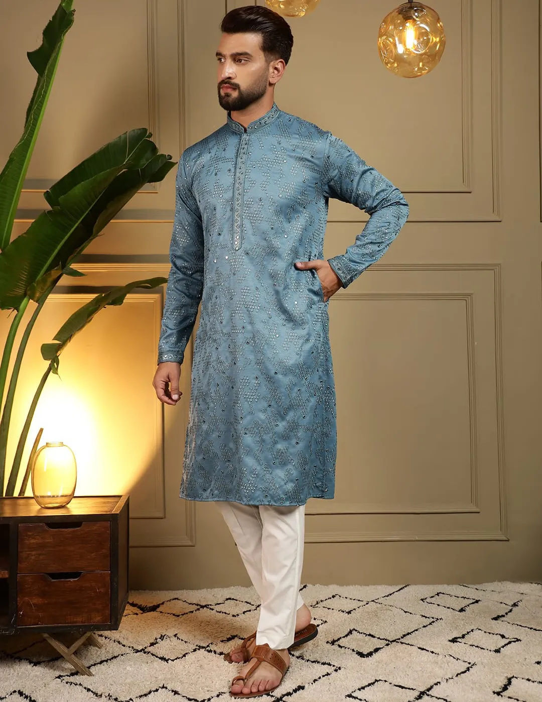 Blue Khadi Cotton Mirror Embroidered Men's Kurta Pyjama