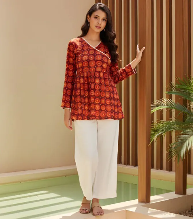 Red Delta Silk Printed V-Neck Daily Wear Formal Top