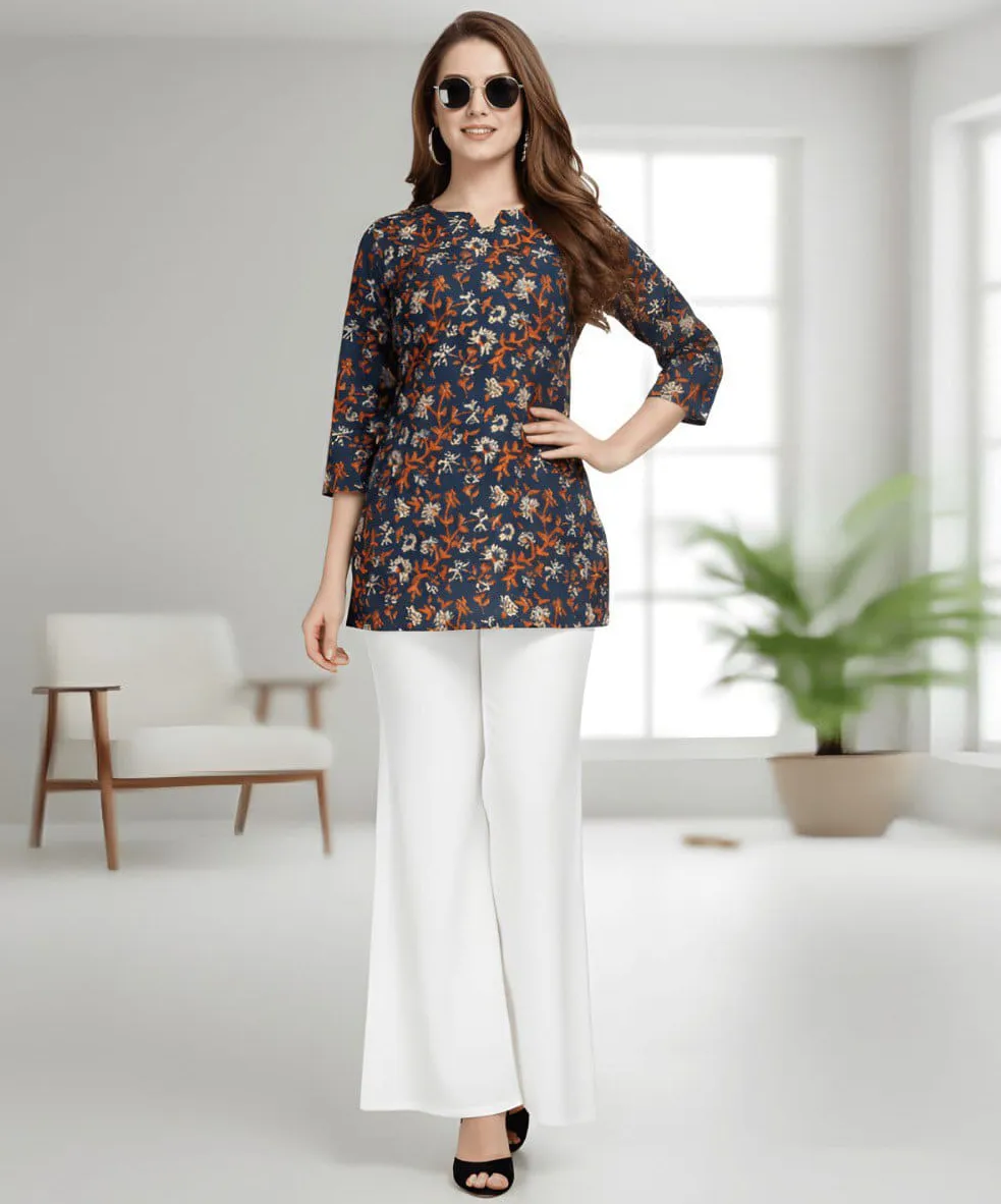 Black Cotton Printed Round Neck Casual Short Top