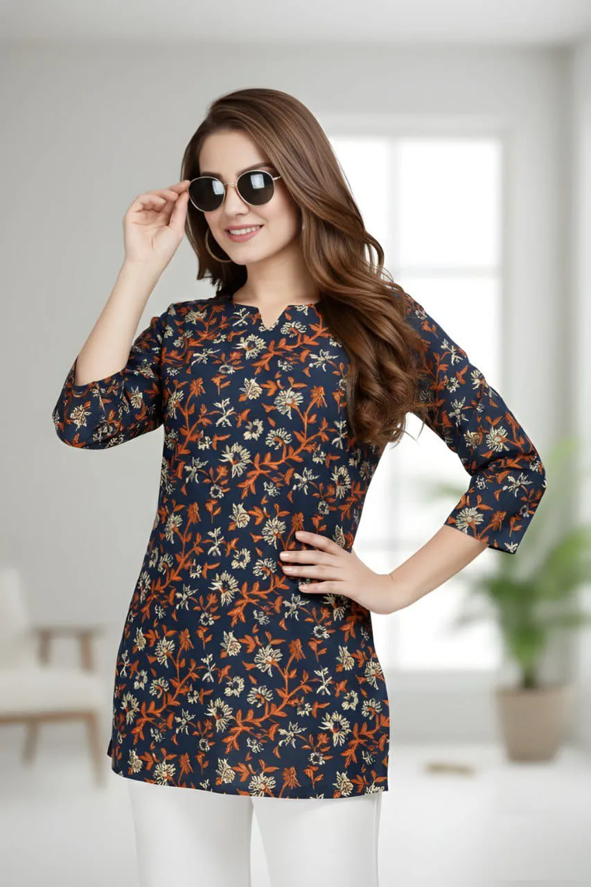 Black Cotton Printed Round Neck Casual Short Top - Image 2