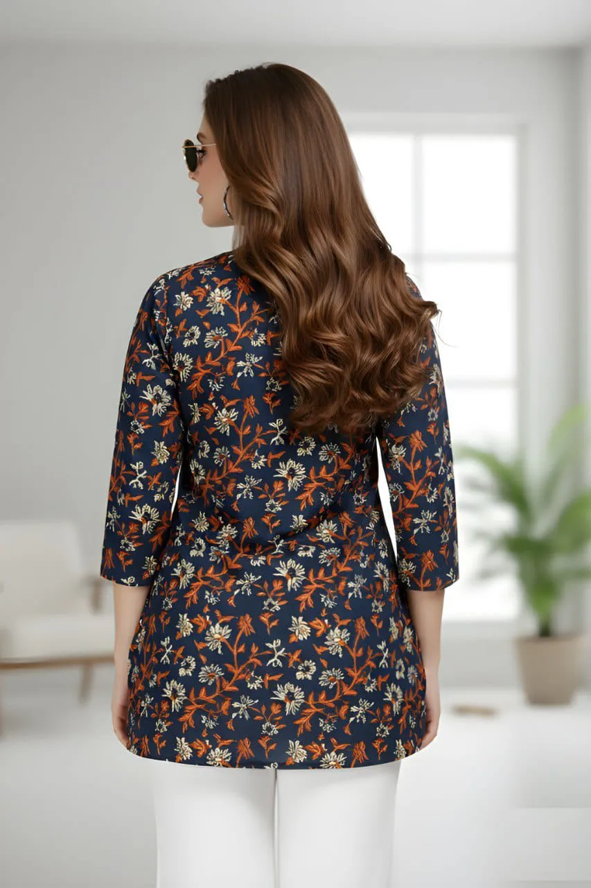 Black Cotton Printed Round Neck Casual Short Top - Image 3