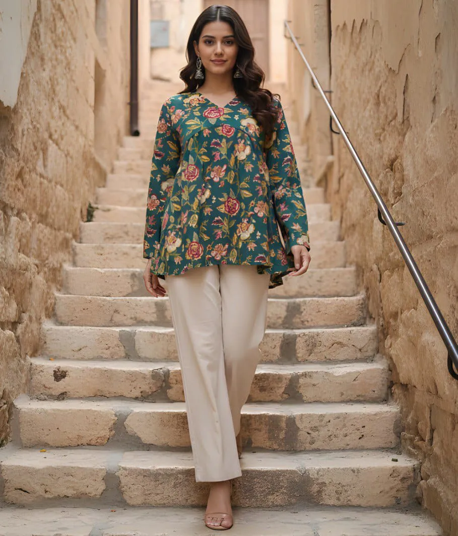 Green Cotton Elegant Floral Printed V-Neck Casual Short Top