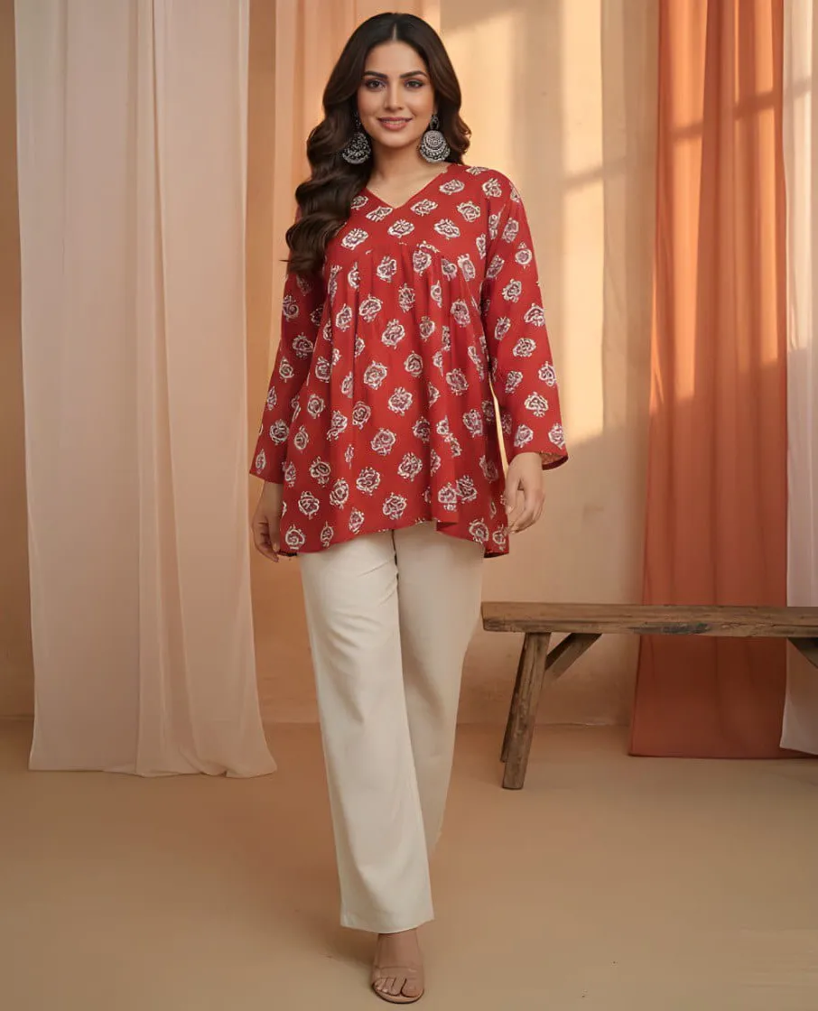 Red Cotton Elegant Floral Printed V-Neck Casual Short Top