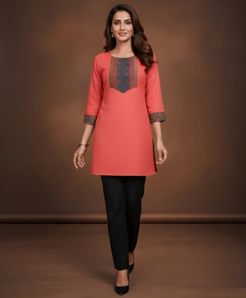 Peach Cotton Jacquard Work Round Neck Daily Wear Short Kurti