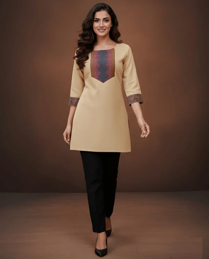 Cream Cotton Jacquard Work Round Neck Daily Wear Short Kurti