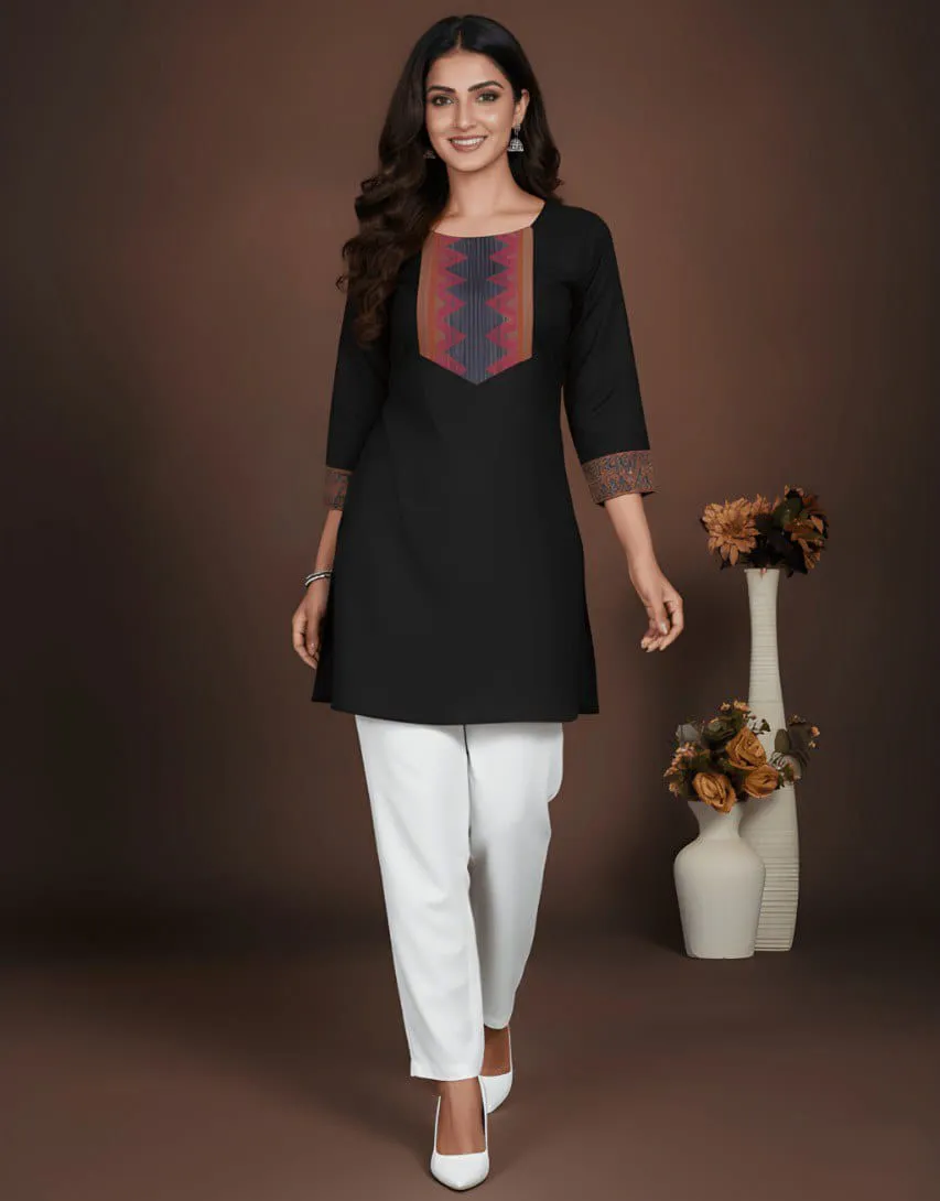 Black Cotton Jacquard Work Round Neck Daily Wear Short Kurti