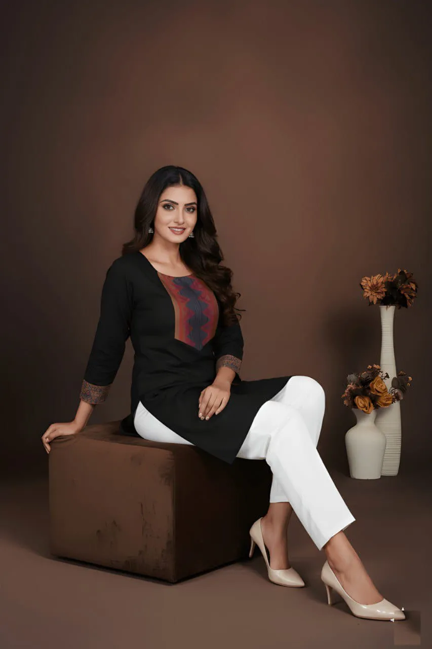 Black Cotton Jacquard Work Round Neck Daily Wear Short Kurti - Image 2