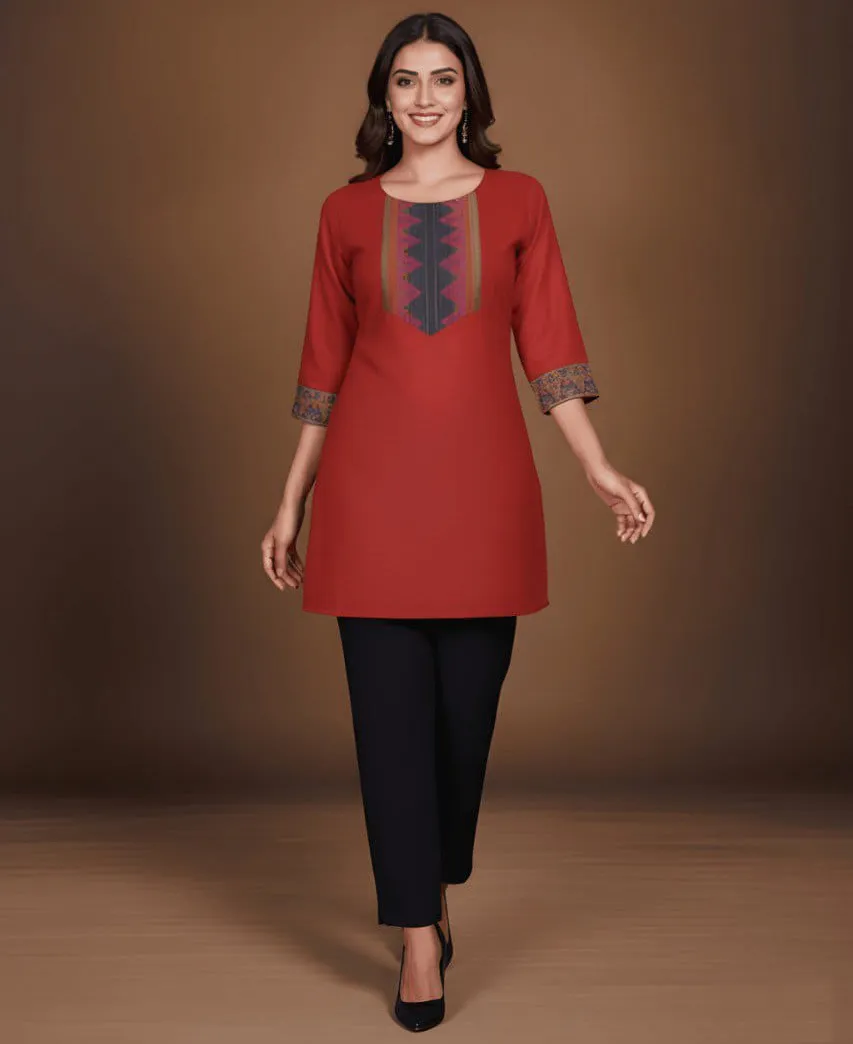 Red Cotton Jacquard Work Round Neck Daily Wear Short Kurti