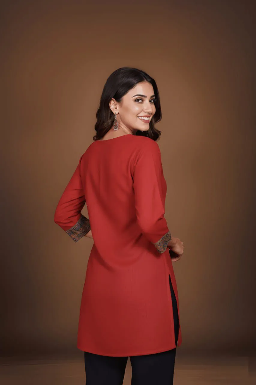 Red Cotton Jacquard Work Round Neck Daily Wear Short Kurti - Image 2