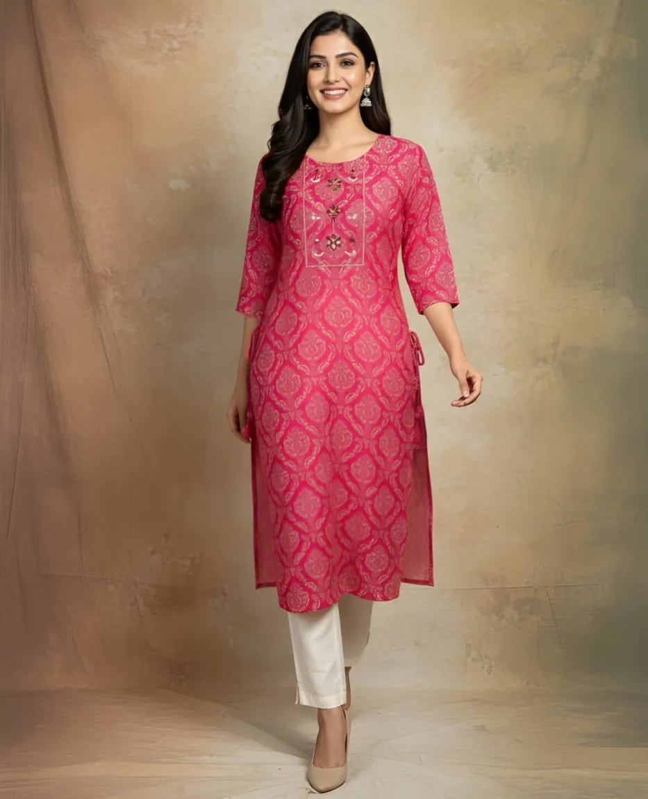 Pink Cotton Round Neck Floral Printed Regular Fit Women's Kurti
