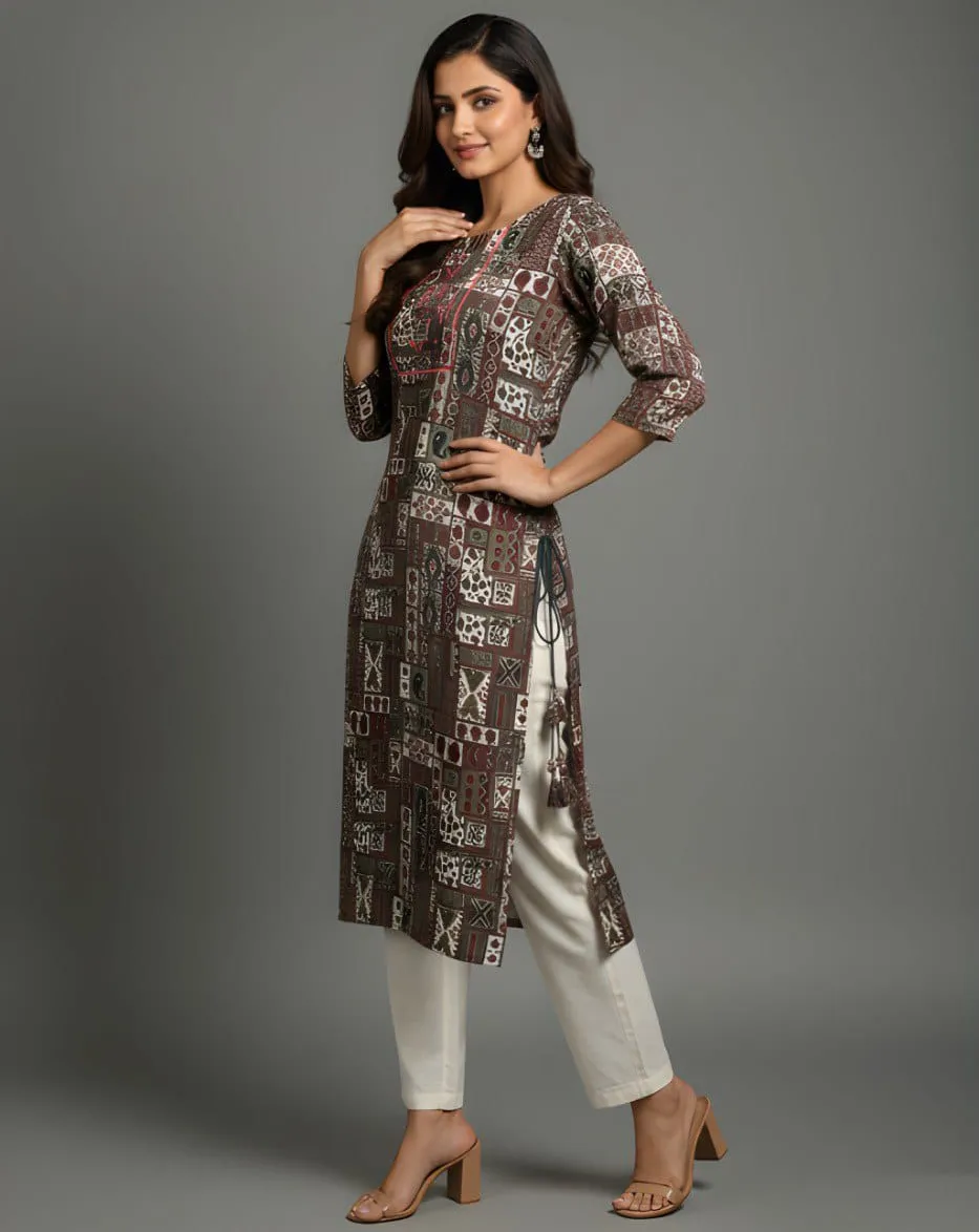 Brown Cotton Round Neck Floral Printed Regular Fit Women's Kurti