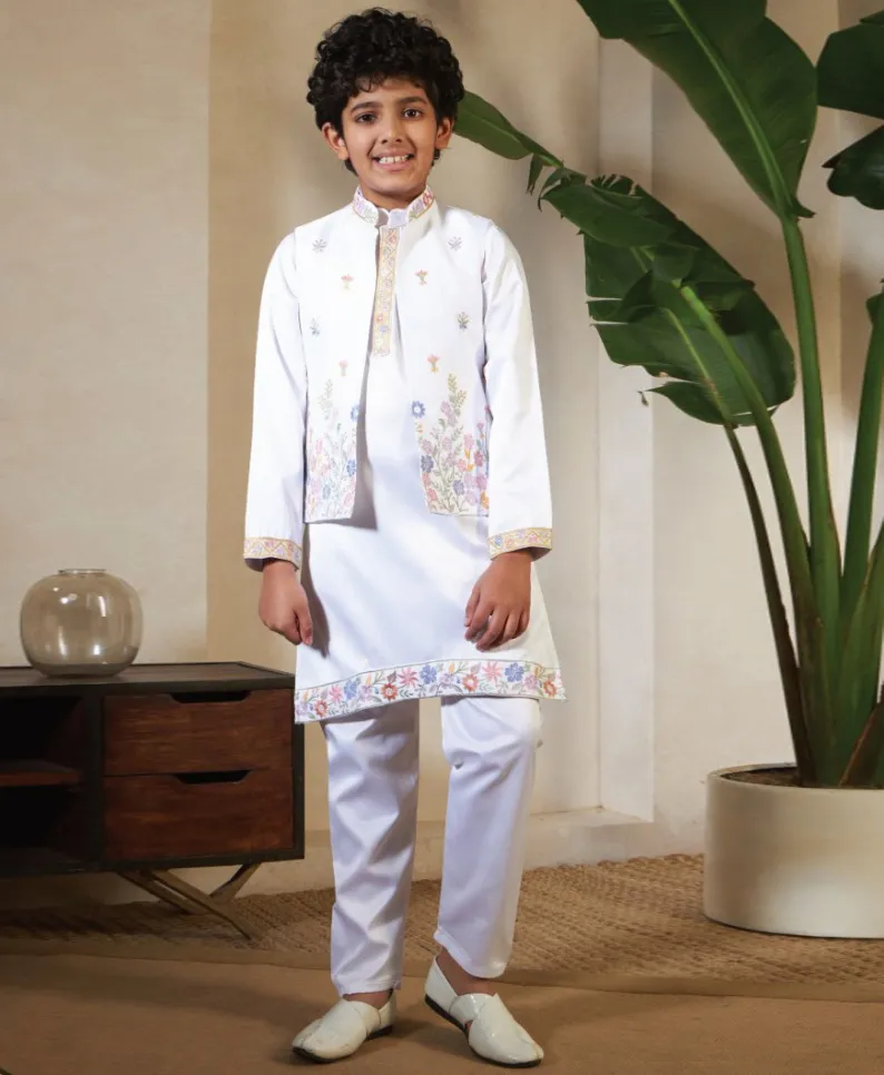 White Satin Sequins Embroidered Kid's Waistcoat Kurta Set
