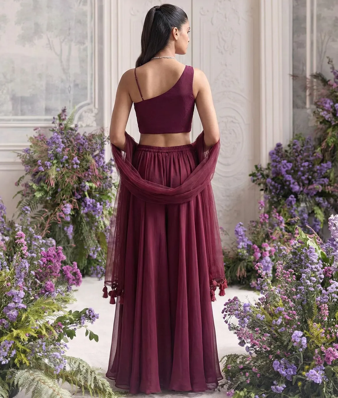 Wine Georgette Readymade Flared Women's Indo Western Set - Image 2