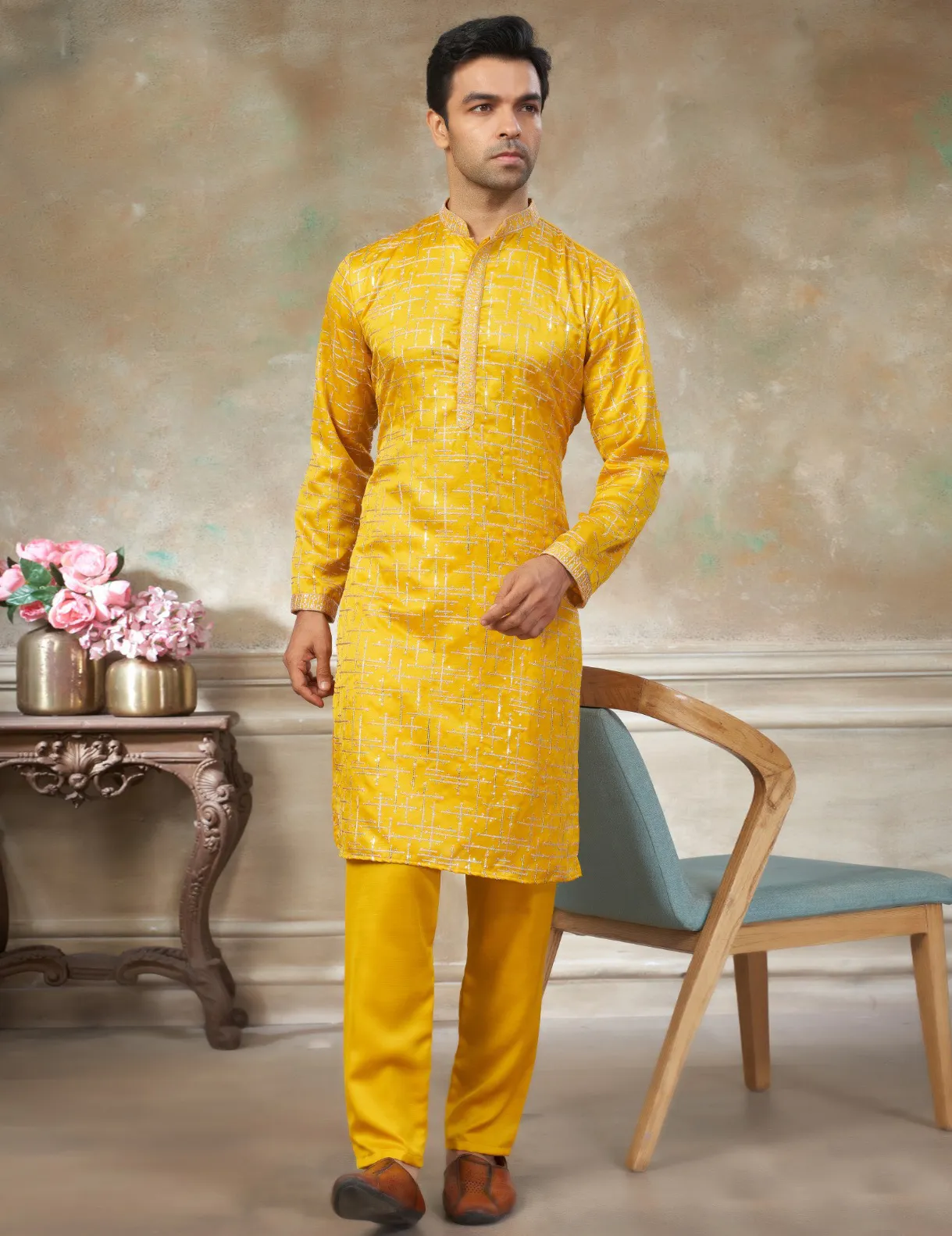 Yellow Pure Silk Sequins Embroidered Men's Kurta Pajama