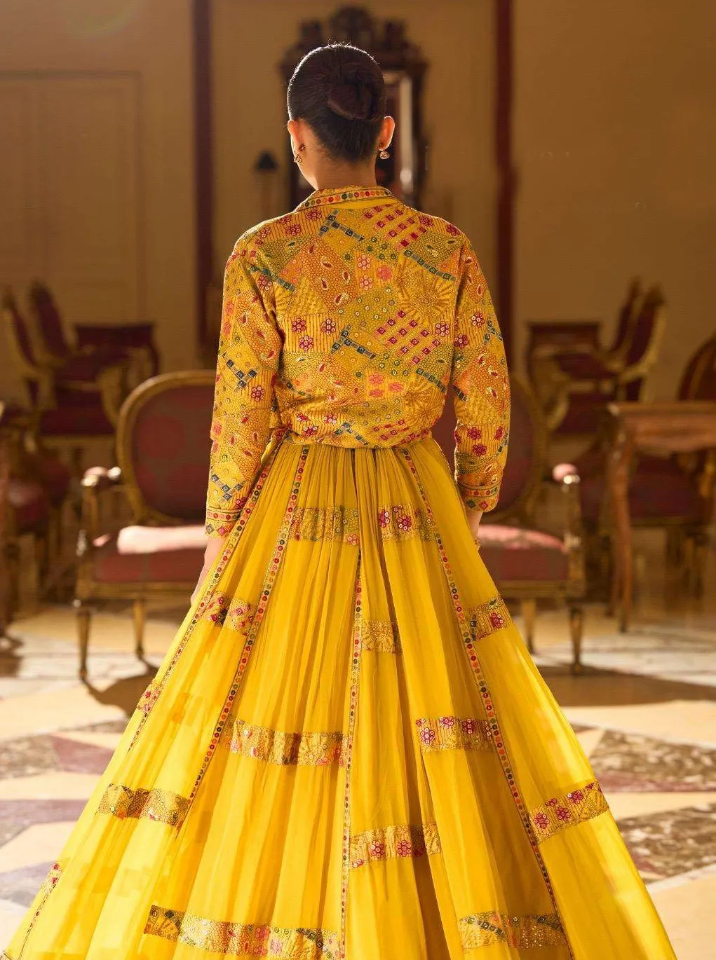 Yellow Real Georgette Wedding Look Lehenga With Shrug - Image 3