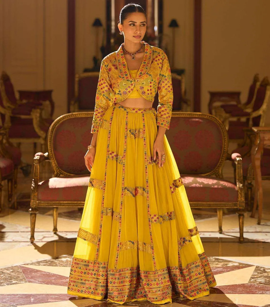 Yellow Real Georgette Wedding Look Lehenga With Shrug