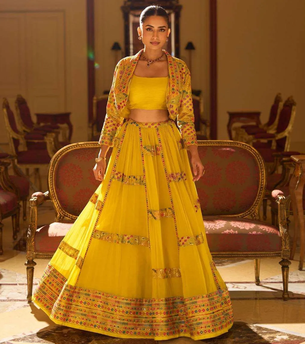 Yellow Real Georgette Wedding Look Lehenga With Shrug - Image 2