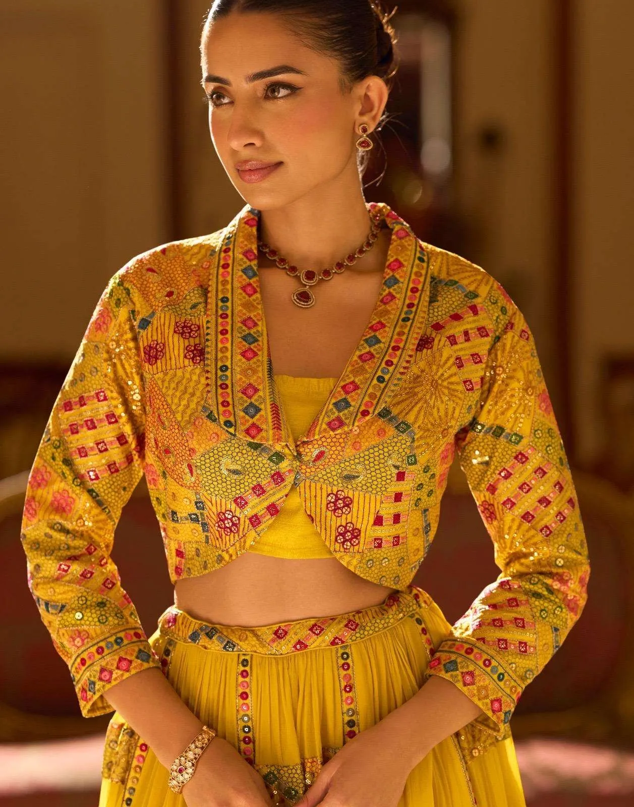 Yellow Real Georgette Wedding Look Lehenga With Shrug - Image 4