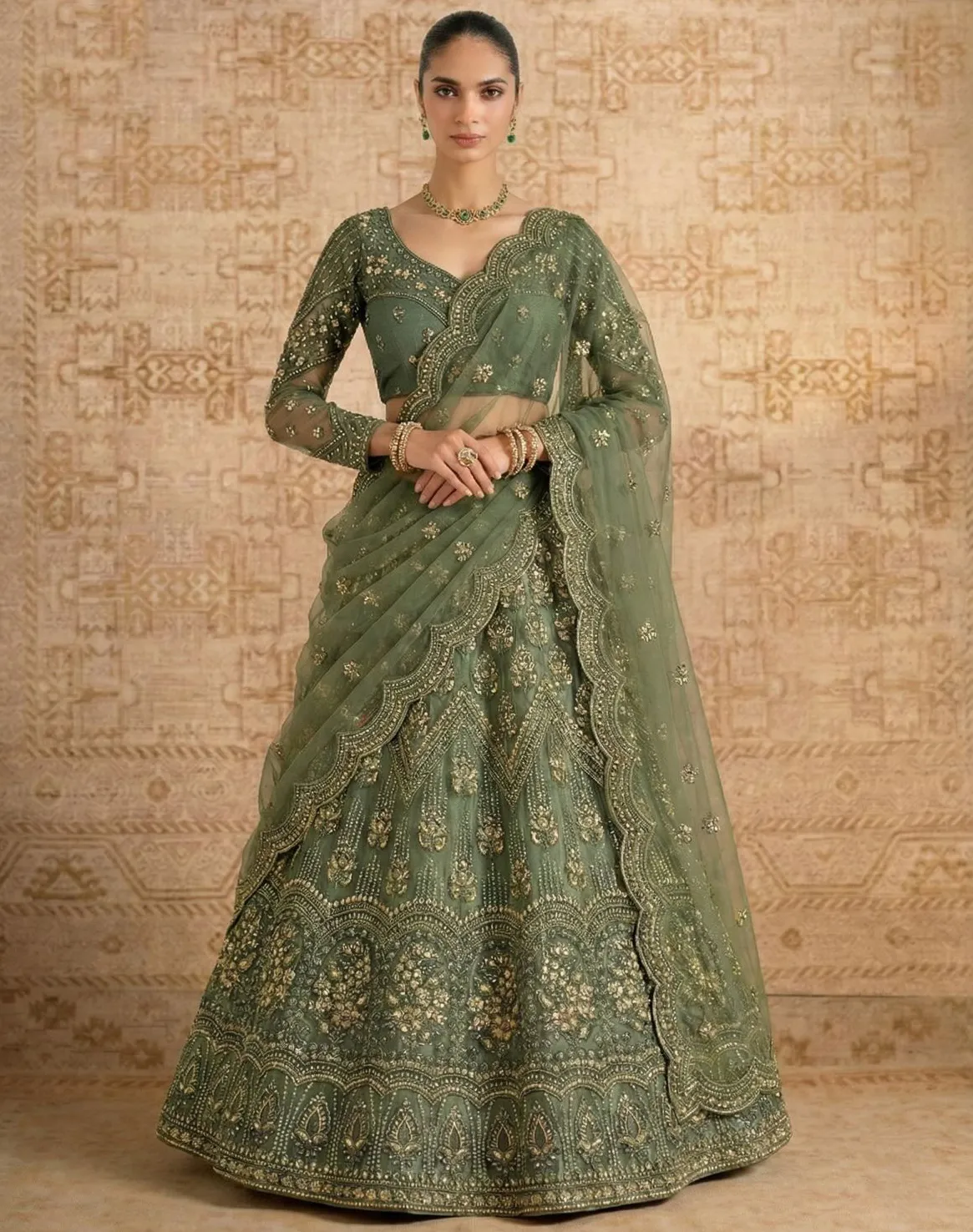 Olive Green Butterfly Net Heavy Embroidered Lehenga Choli