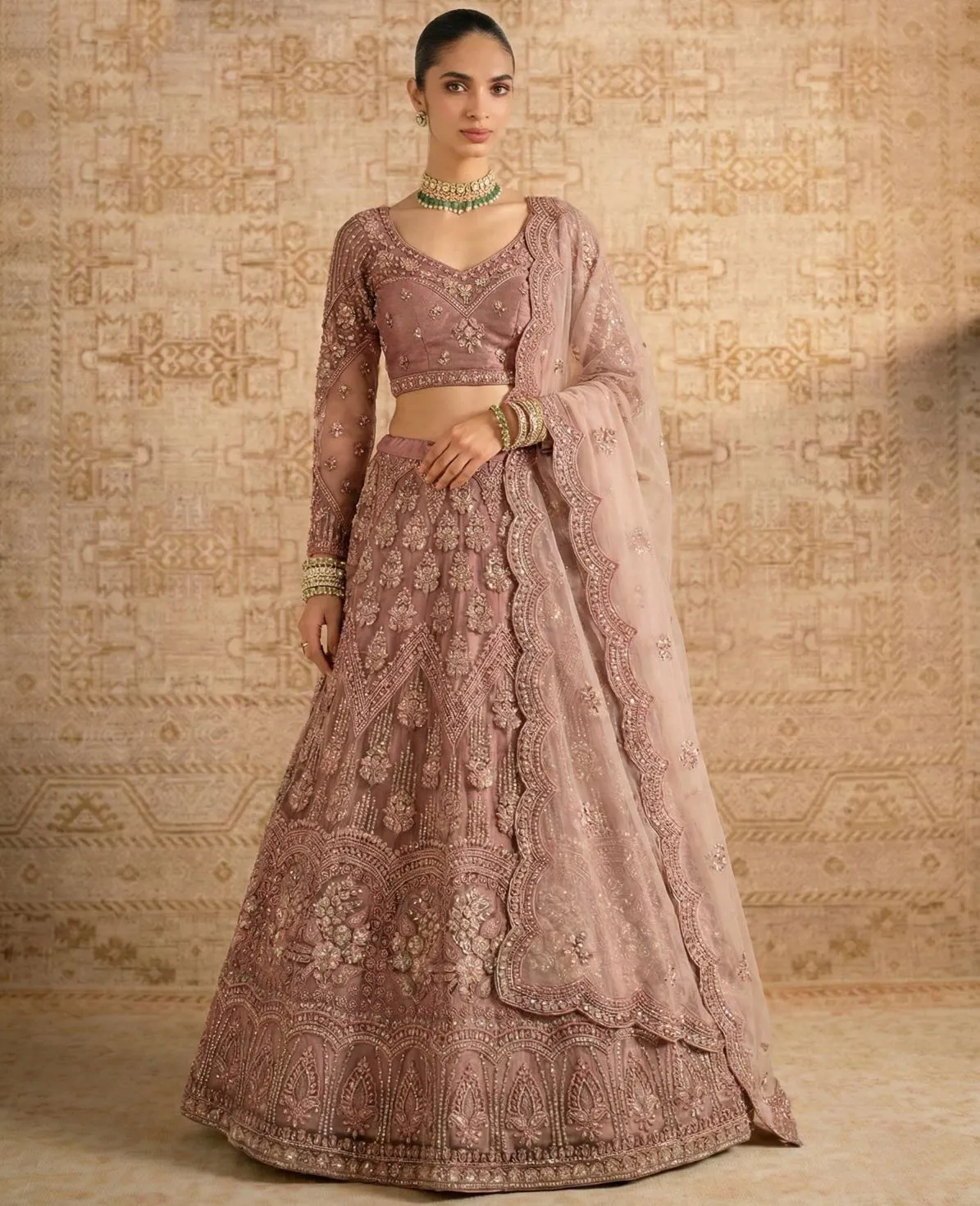 Dusty Rose Butterfly Net Heavy Embroidered Lehenga Choli