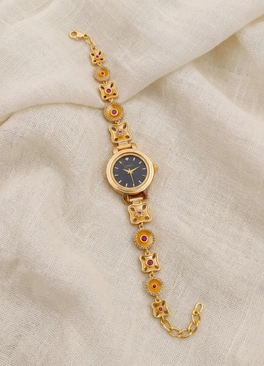 Antique Gold Enamel Motif Black Dial Bracelet Watch