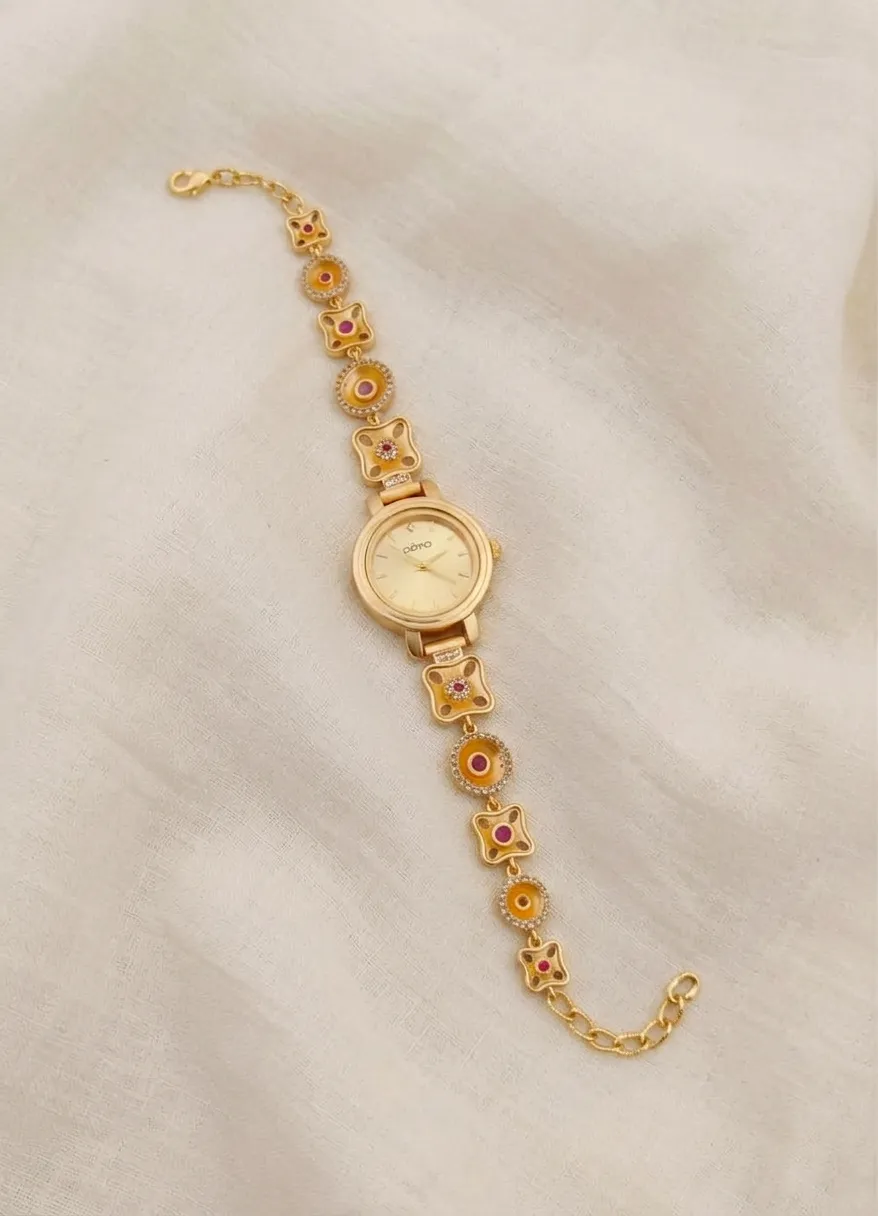 Antique Gold Enamel Motif Champagne Dial Bracelet Watch