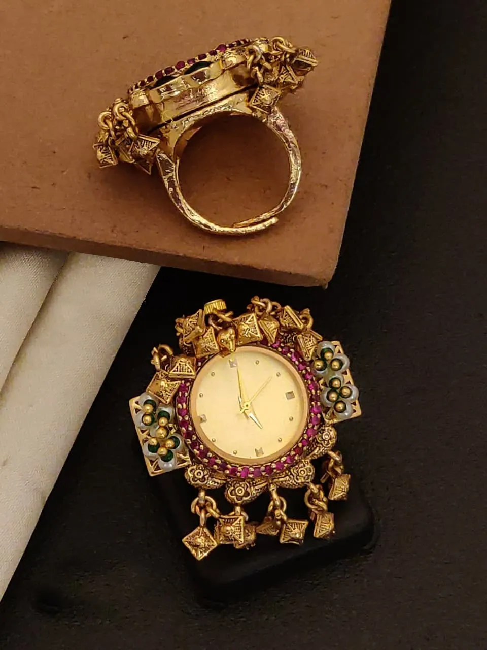 Antique Gold Ethnic Designer Ring Watch With Pearl & Stone Work