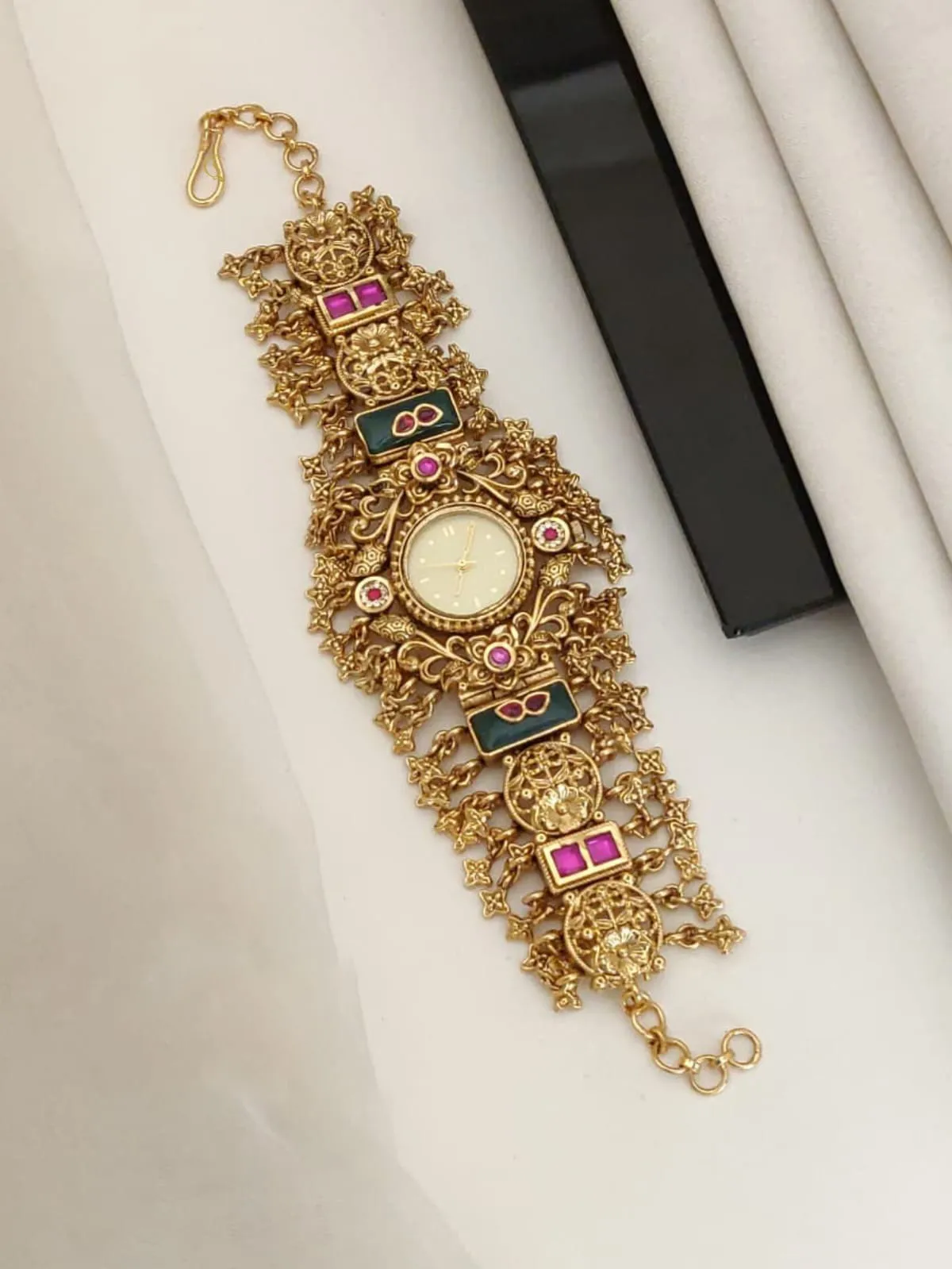 Antique Gold Filigree Floral Ethnic Bracelet Watch With Stone Work