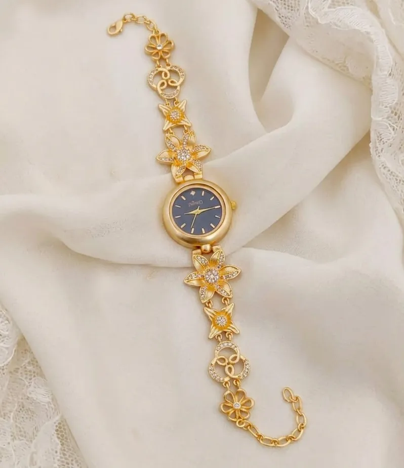 Antique Gold Floral Crystal Black Dial Bracelet Watch