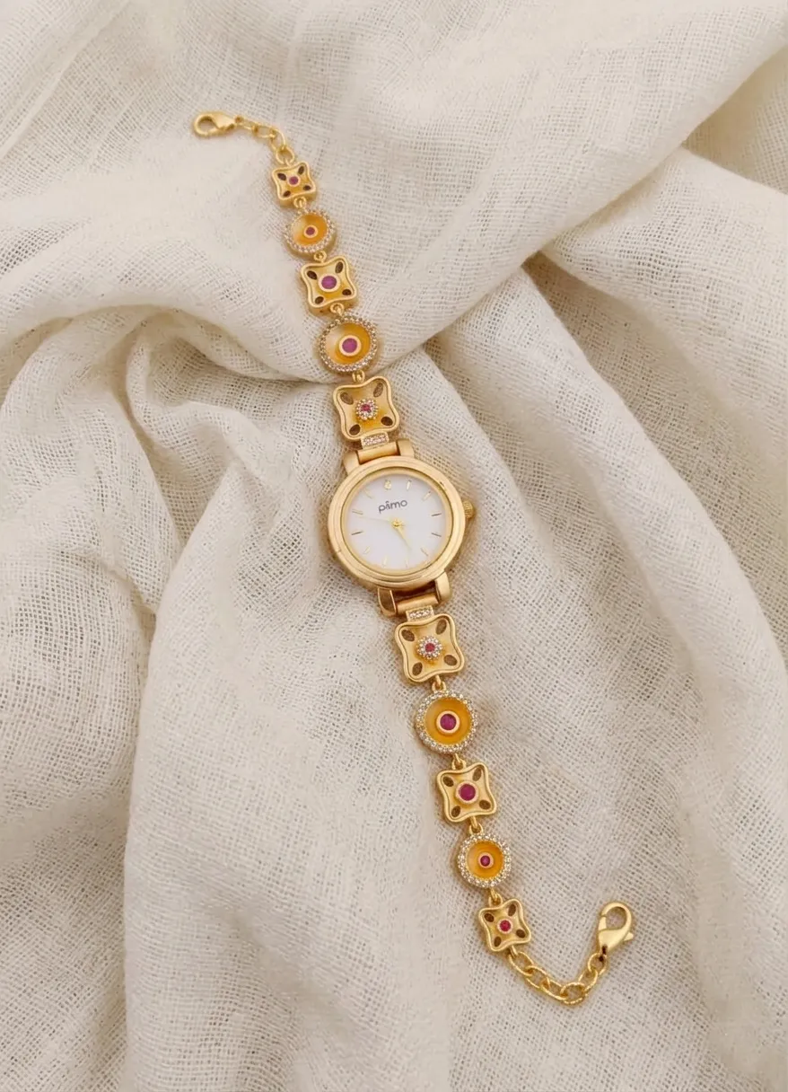 Antique Gold Floral & Enamel Motif Bracelet Watch