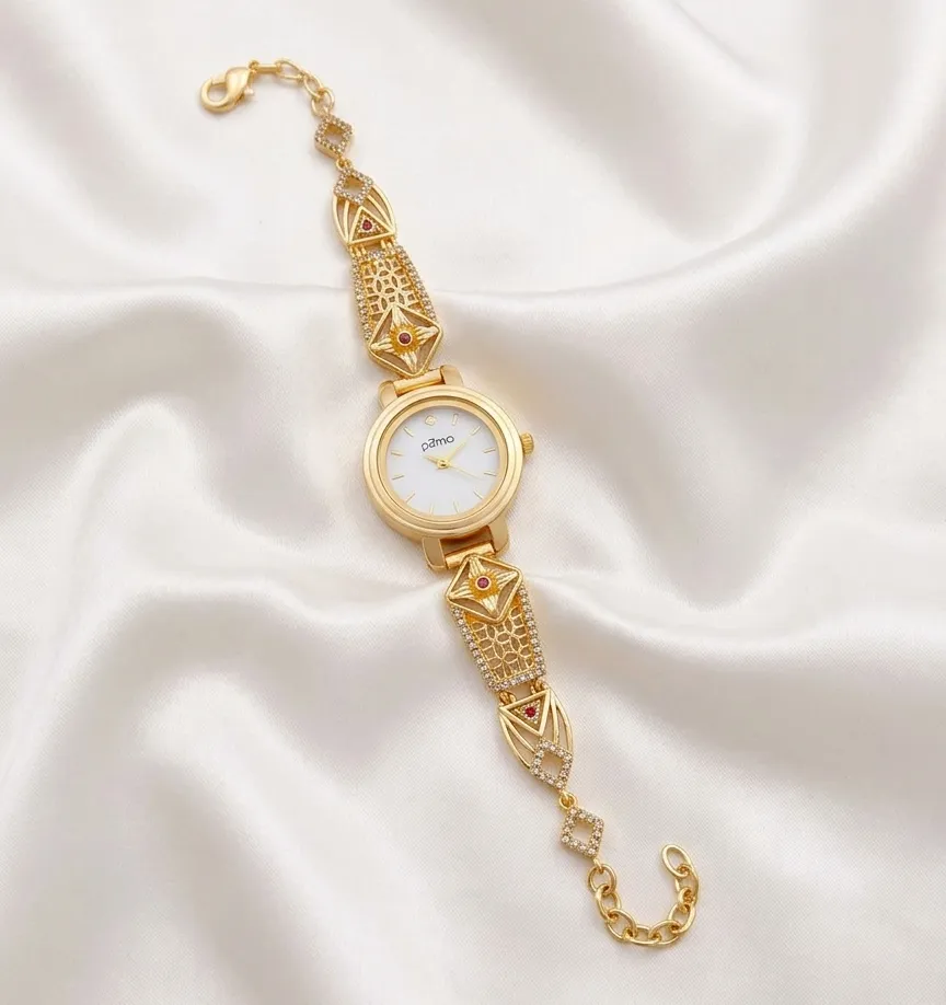 Antique Gold Geometric Designer Crystal Detailing Bracelet Watch