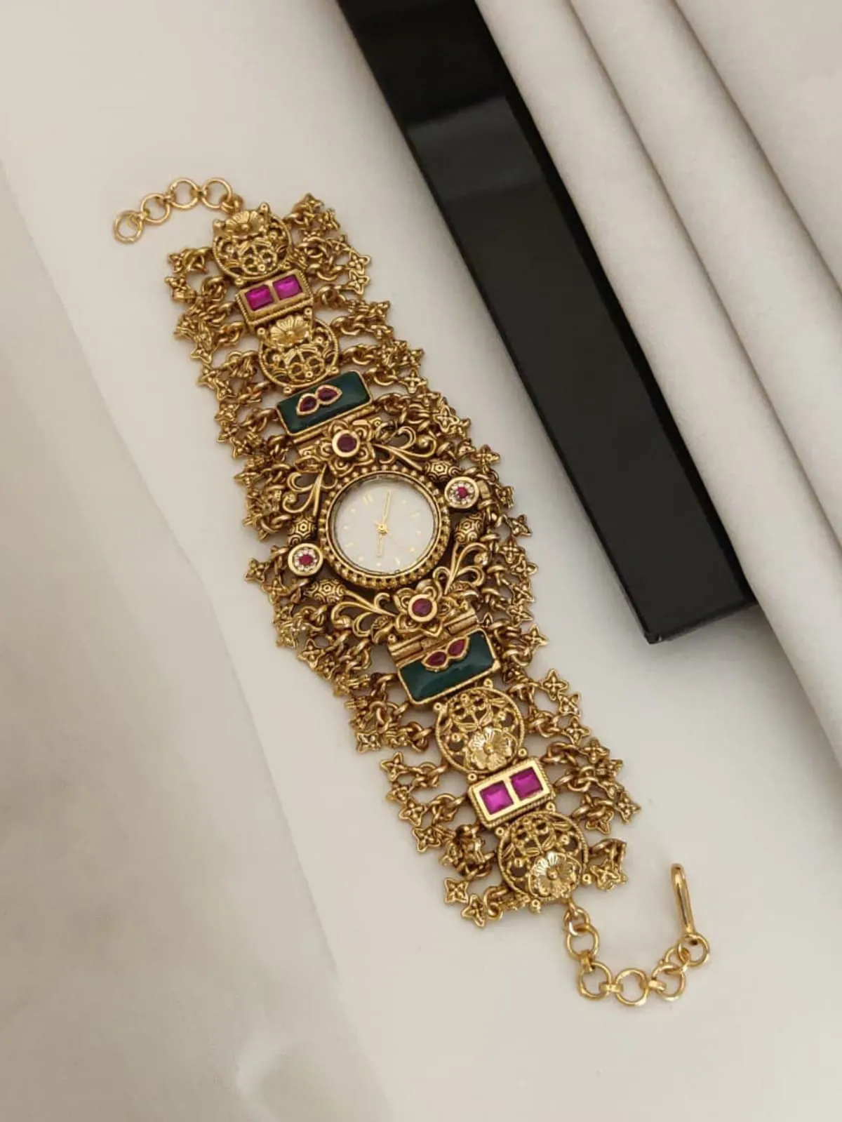 Antique Gold Jaali Design Ethnic Bracelet Watch With Stone Work
