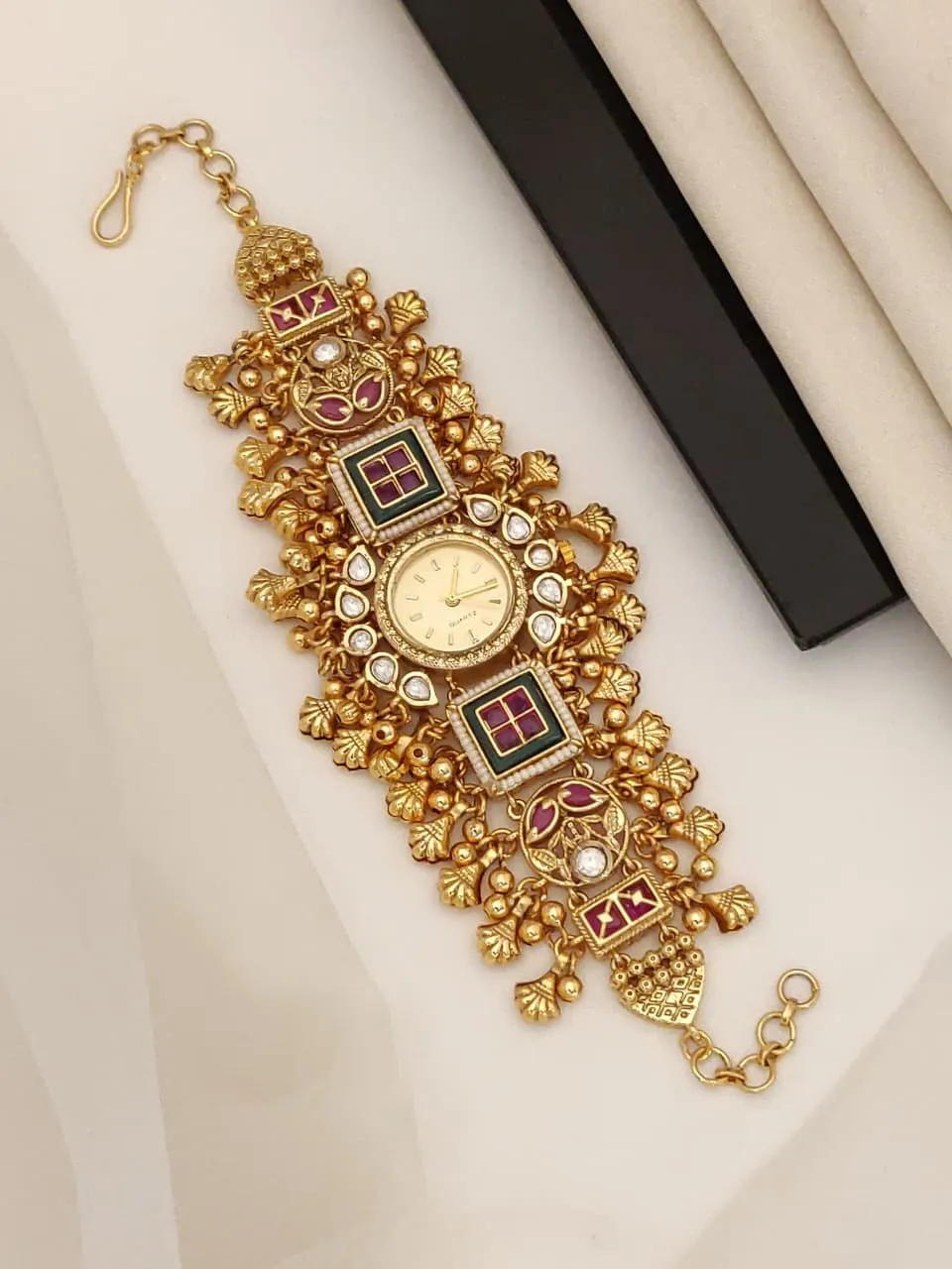 Antique Gold Kundan Meenakari Round Ethnic Bracelet Watch