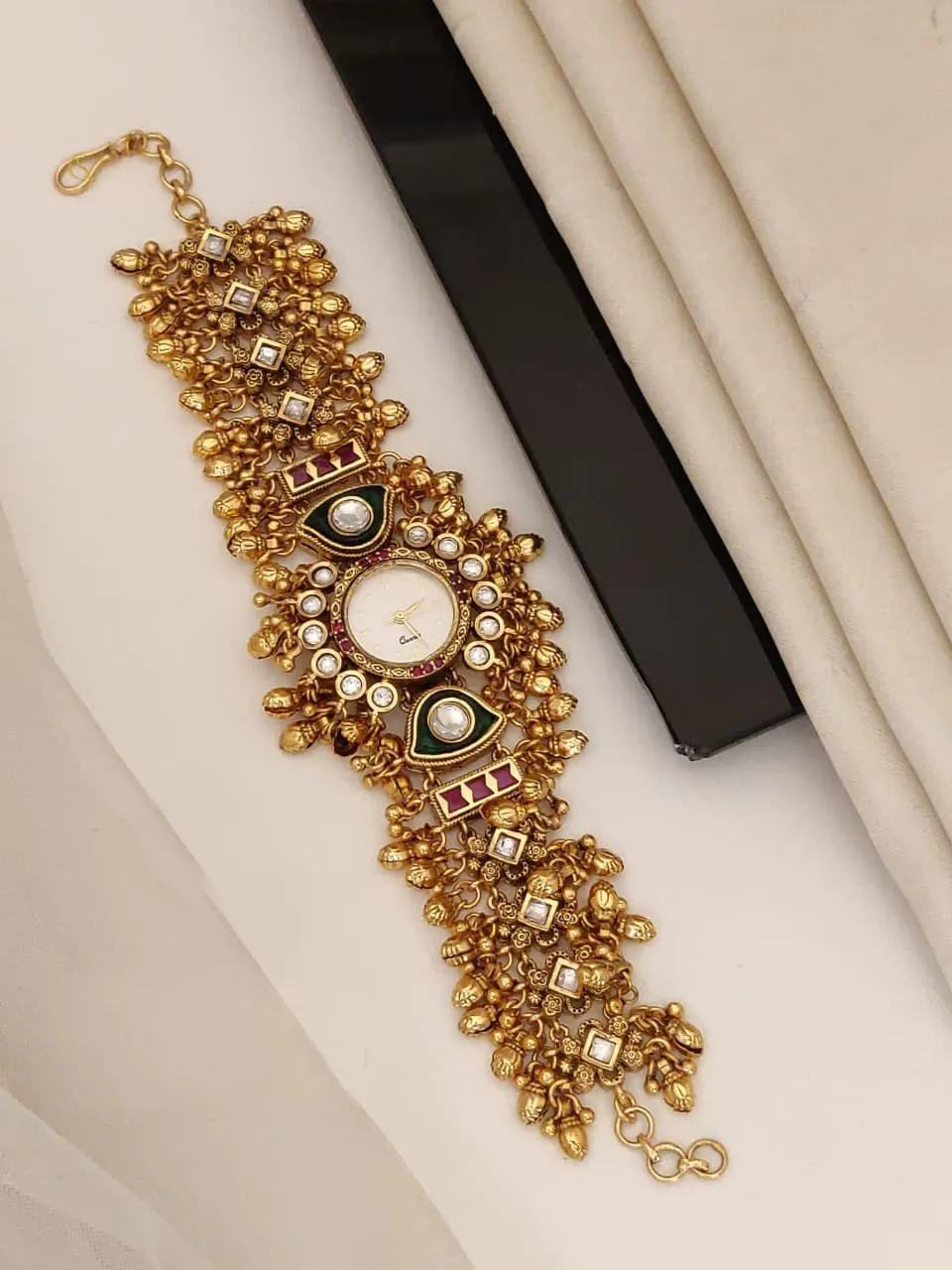 Antique Gold Kundan Work Ethnic Bracelet Watch For Women