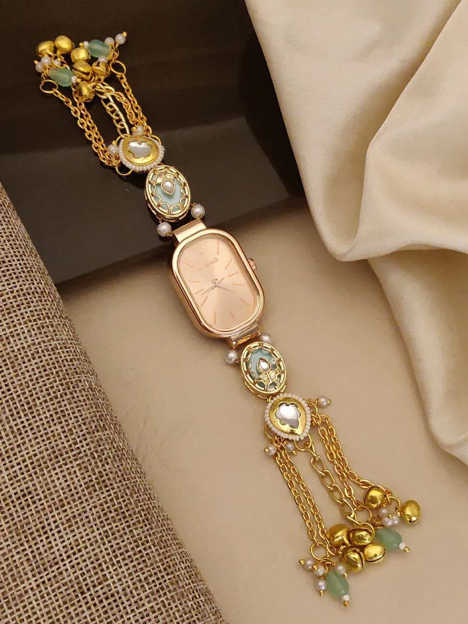 Antique Gold Meenakari Tassel Pearl & Bead Bracelet Watch