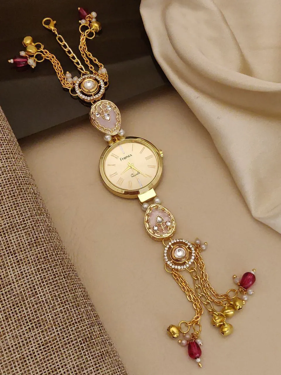 Antique Gold Pearl & Ruby Stone Tassel Ethnic Bracelet Watch
