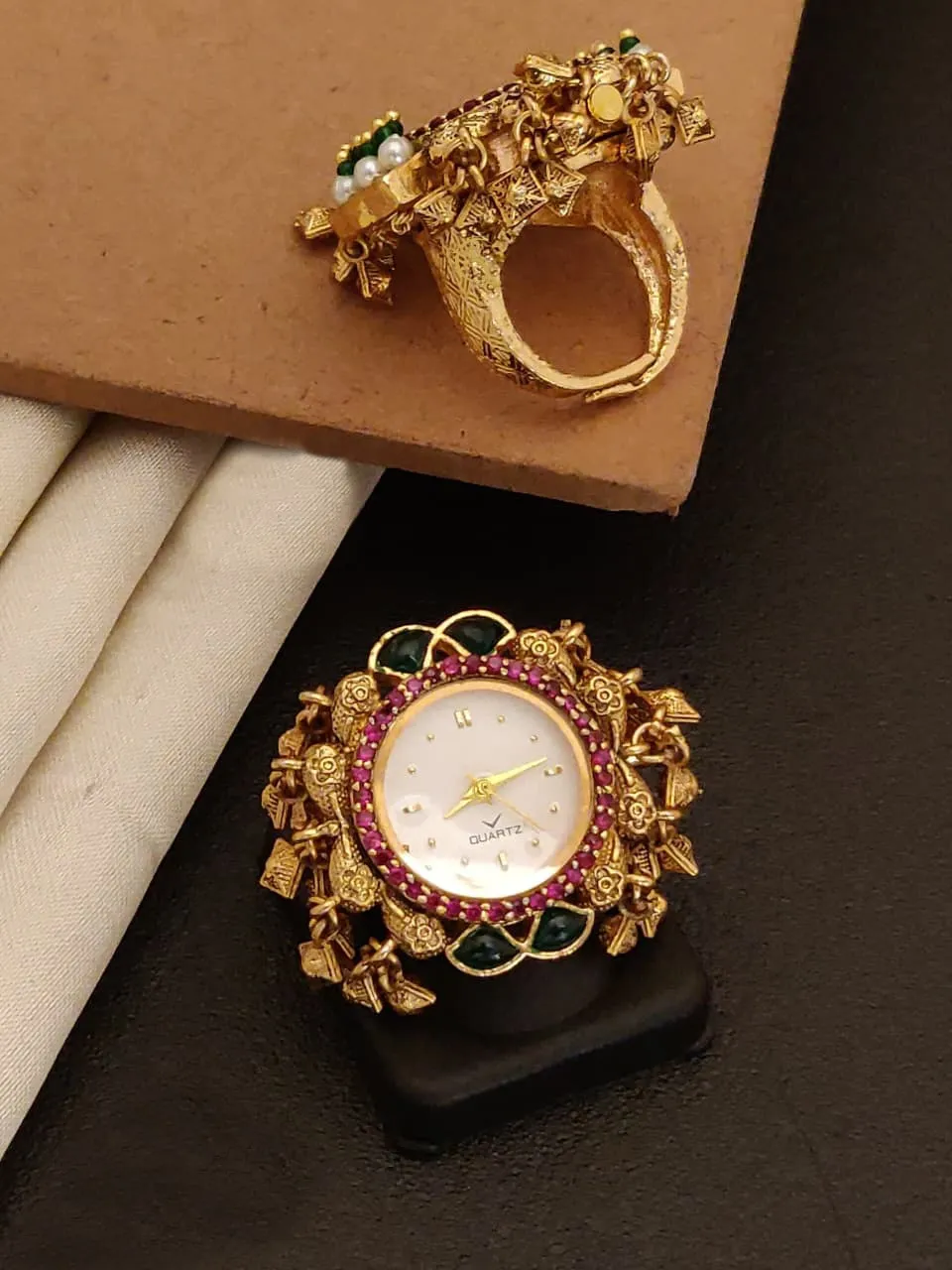 Antique Gold-Plated Ethnic Designer Ring Watch With Stone Work