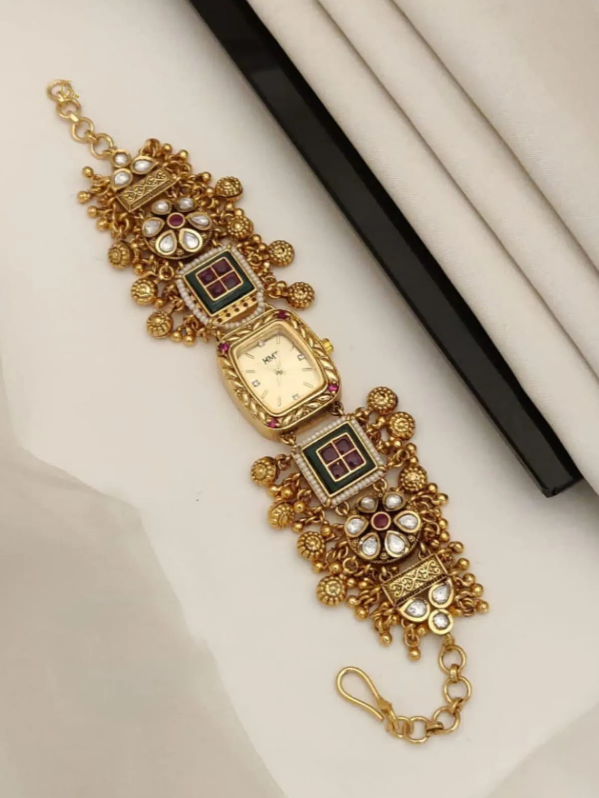 Antique Gold-Plated Kundan & Meenakari Bracelet Watch