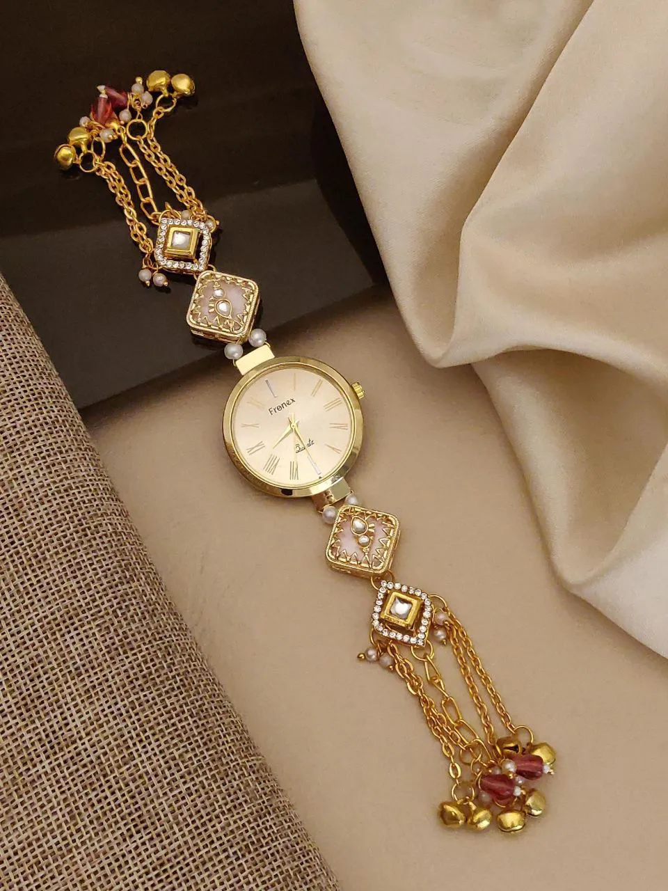 Antique Gold Square Motif Pearl & Stone Tassel Bracelet Watch