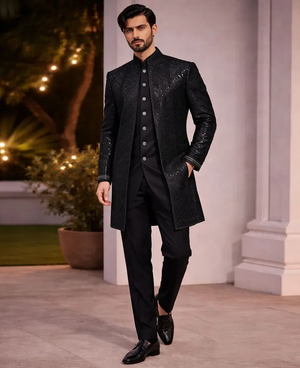 Black Designer Embroidered Men’s Indo Western Sherwani Set