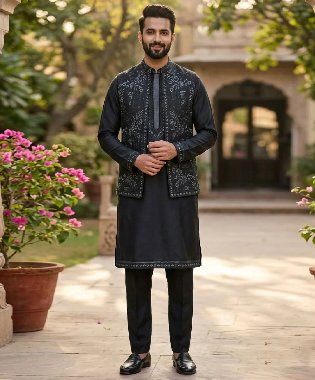 Black Heavy Jacquard Jacket With Satin Silk Men Kurta Pajama Set