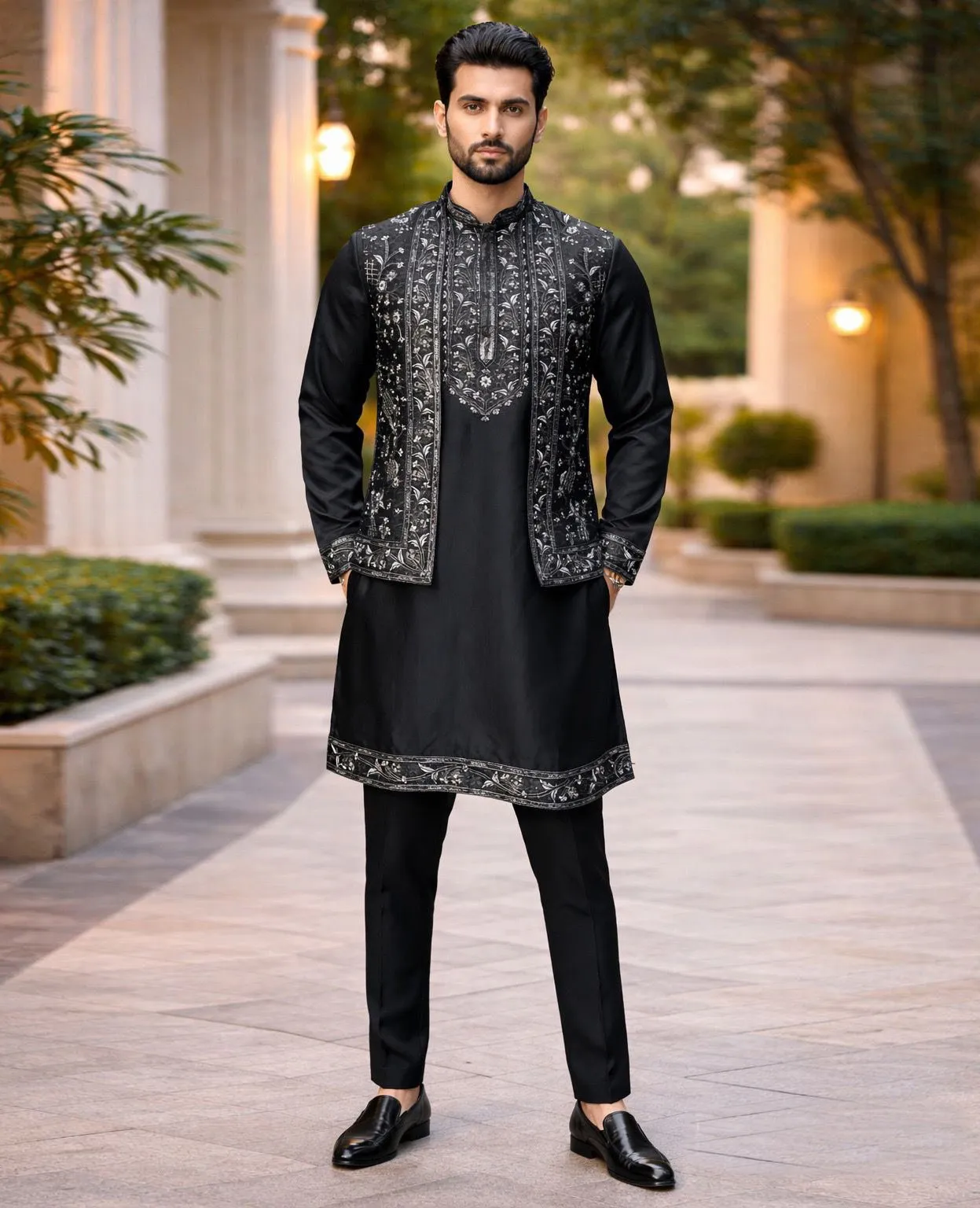 Black Heavy Jacquard Jacket With Satin Silk Men Kurta Pajama Set