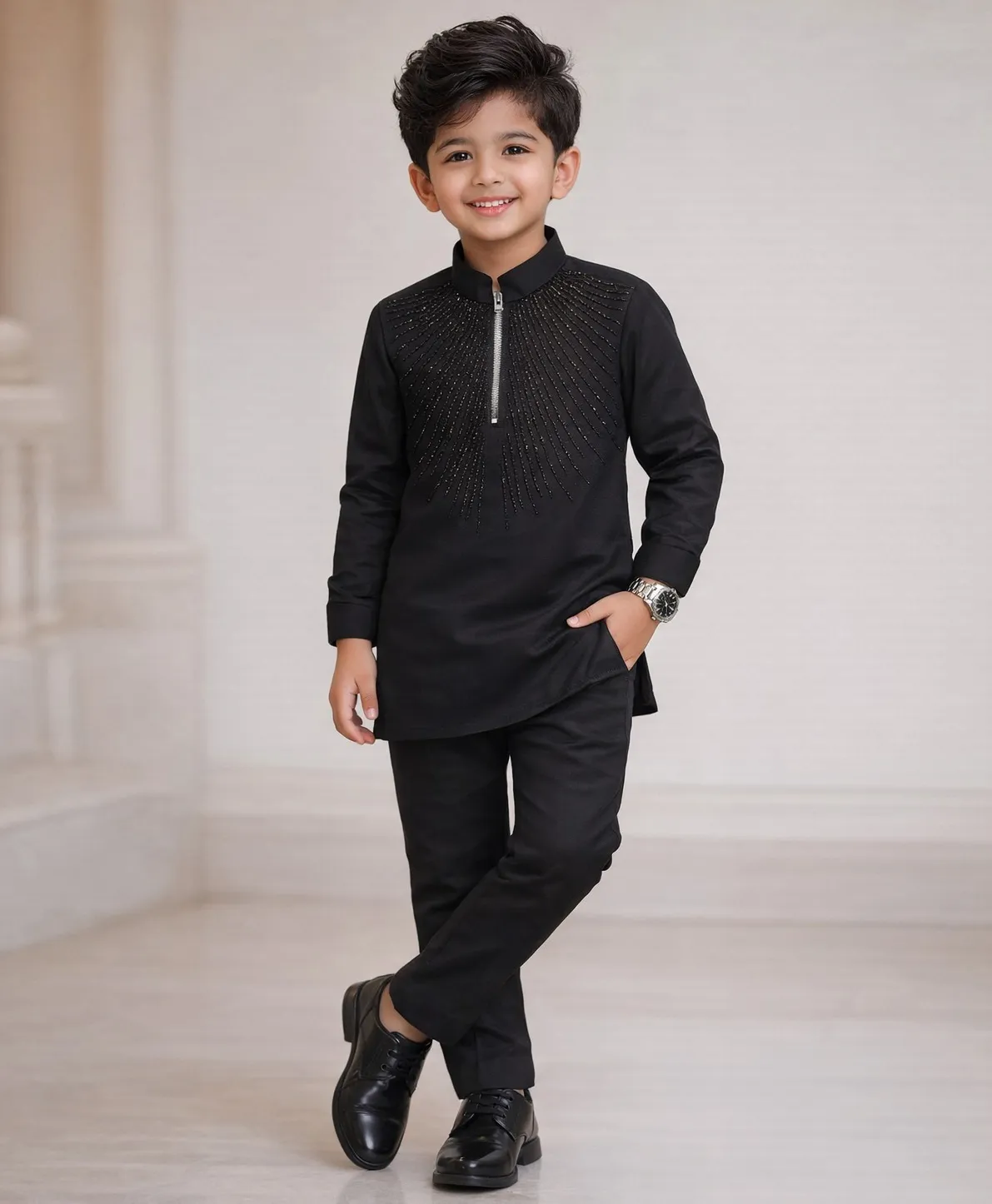 Black Japanese Fabric Beads Work Kid's Kurta Pant Set