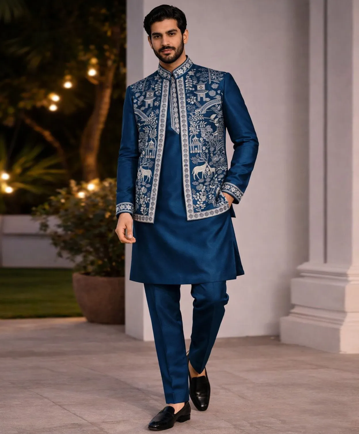 Blue Heavy Jacquard Jacket With Satin Silk Men Kurta Pajama Set