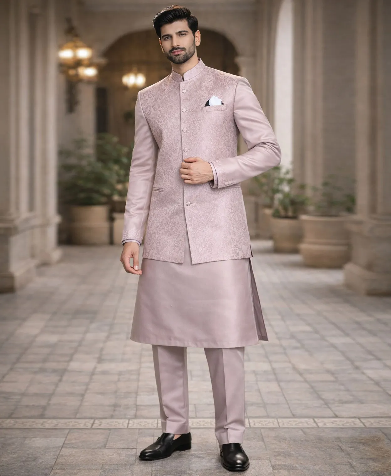 Dusty Pink Heavy Jacquard Jacket With Satin Silk Men Kurta Pajama Set
