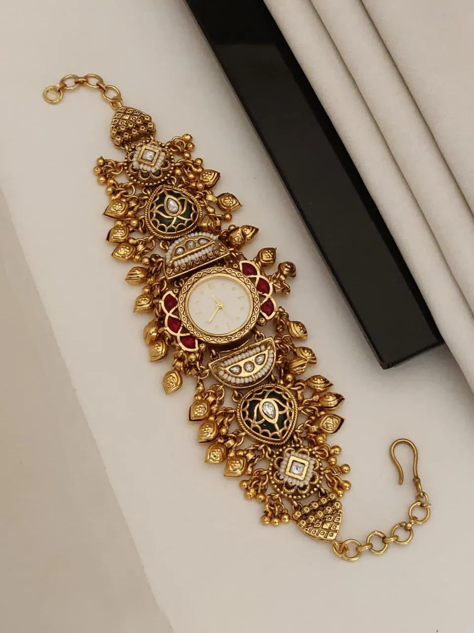 Gold Meenakari Pearl Ethnic Ghungroo Work Bracelet Watch