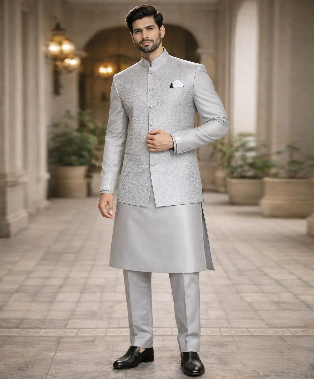 Grey Heavy Jacquard Jacket With Satin Silk Men Kurta Pajama Set